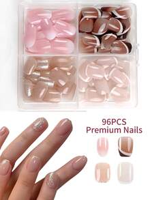 96 Pieces Of 4 Sets Of French Acrylic Manicure Patches With Glitter Stripe Design Press-On Nails, Including 4 Pieces Of Jelly Glue And 4 Nail Files, Suitable For Hen Parties, Dance Parties, Daily Casual Wear. Detachable And Reusable Manicure Set - Multicolor - View 8