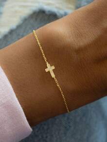 1 pieza Pulsera de cadena con colgante de cruz de moda para hombres, diseño único y creativo adecuado para uso diario y fiestas - Amarillo Oro - Ver 1