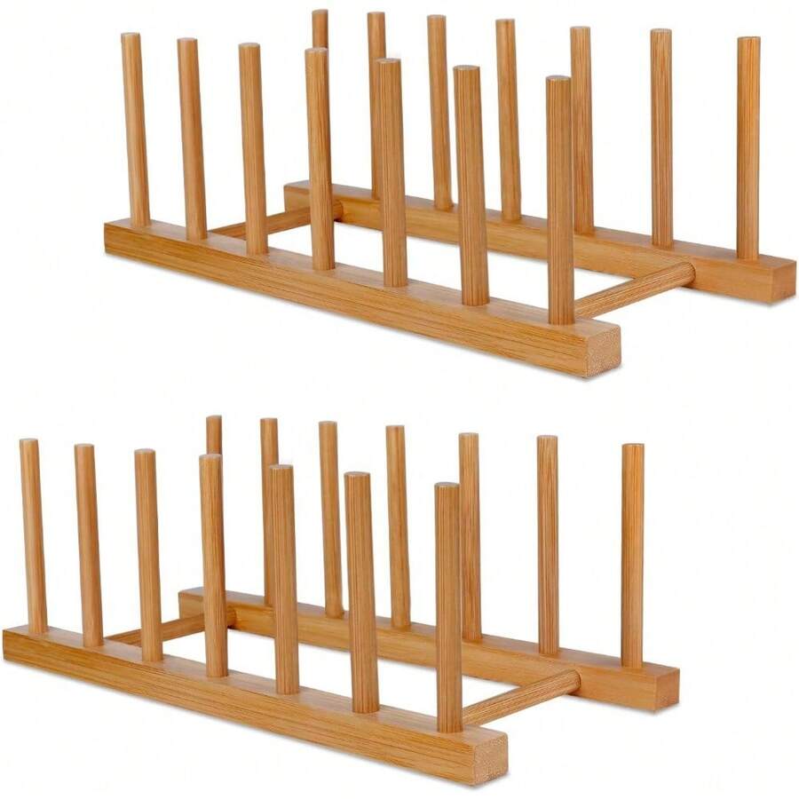2 Packs Bamboo Wooden Vertical Dish Rack Plate Stand Holder - Multi-Functional Kitchen Cabinet Organizer For Draining Dishes, Pots, Lids, Bowls, Cups, Cutting Boards & Books - mặc định - Xem 1