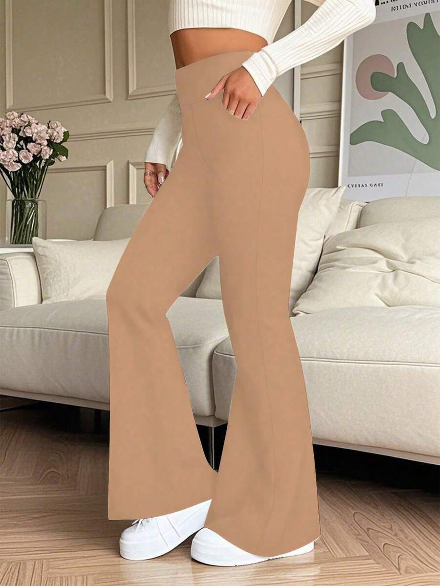 Pantalones acampanados de cintura alta de unicolor con bolsillos laterales, adecuados para uso casual, deportivo, yoga, leggings de compresión, correr, fitness en primavera para mujeres - color tierra - Ver 1