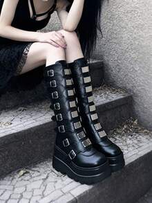 Women's Goth Platform Knee High Boots Fashion Metal Buckle Wedges High Heels Round Toe Zip Punk Combat Boots - Đen A - Xem 7