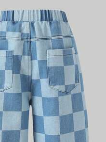 Tween GirlsCheckered Print Loose Straight Leg Jeans, Casual Pants, Spring/Summer - Blue - View 8