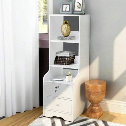 White, Three Tiered Bedside Table In The Bedroom, Drawer Style Storage Cabinet, Multi-Purpose - Can Store Phones, Books, Photo Albums, Multi-Layer Display Rack, Compact Design - Saves Space, Size: 37 Cm W X 30 Cm (Bottom) D X 114.5 Cm H