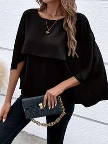 Woman Layered Batwing Sleeve Blouse – Casual Chic Loose Top - Black - View 3