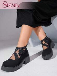 SDEMIN Early Autumn And Winter Daily Wear, Date Travel, Ladies' Temperament, Floral Print Lace Ankle Boots, Back Zipper Square High Heels, Round Toe Boots, And Fashionable Pointed Black Mesh Breathable High Heels - màu đen - Xem 4