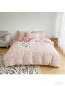 Juego de cama de 4 piezas con estampado floral (tamaños: funda nórdica 200x230, sábana 245x245, fundas de almohada 48x74) incluye 1 funda nórdica, 1 sábana y 2 fundas de almohada. Comodidad superior, lavable a máquina, apto para camas individuales y dobles. Ideal para dormitorios, salones y dormitorios, todo el año. - Nanzhi Blanco rosado CD06 - Ver 4