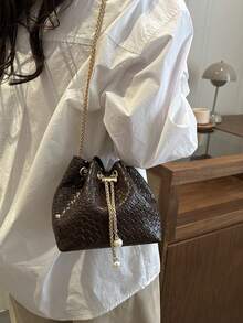 Mini Woven Drawstring Bucket Bag, Versatile Shoulder/Crossbody Bag For Party & Casual, Minimalist Design - Coffee - View 3