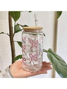 3pcs Bow Printed Water Cup With Lid & Straw, 16oz Canned Ice Coffee Cup, Tea Juice Milk Gift, Office Restaurant Classroom Picnic Party Use - Multicolor - View 7