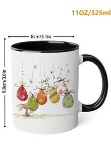 1 Stück 325ml Keramik Kaffeetasse mit Hasen Blumen & Oster Grüße - Rosa & Grüne Frühlings Hasen, Tulpen & Eier Design - Nur Handwäsche, wiederverwendbare Tasse als Ostergeschenk, für Lehrer, Kollegen, Liebste oder Geburtstagsgeschenk - Weiße Teetasse für heiße/kalte Getränke - Verschiedenfarbig - Übersicht 2