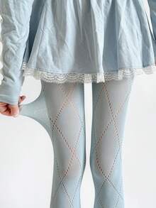 1 Pair Retro Large Diamond Hollow Tights, Slimming Fishnet Leggings With Diamond Jacquard Pattern, Stretchy Sexy Fishnet Stockings/Tights/Leggings, Suitable For Various Occasions - Baby Blue - View 3