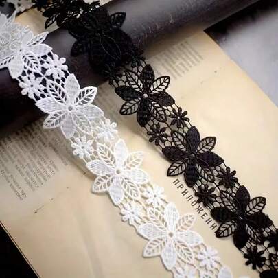 4.8cm Wide Black & White Water-Soluble Pure Cotton Lace Trim, DIY Craft Material For Home Textile, Wedding Dress, Evening Gown Hem Decoration