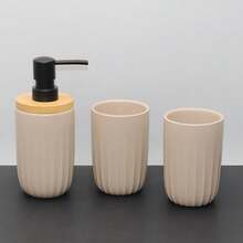 Bathroom Vanity Set, Striped Design Liquid Soap Dispenser, Lotion Dispenser Set, Toothbrush Holder, Freely Combinable, Handmade Ceramic Bathroom Accessories Set, Bathroom Ensemble - Khaki - View 10