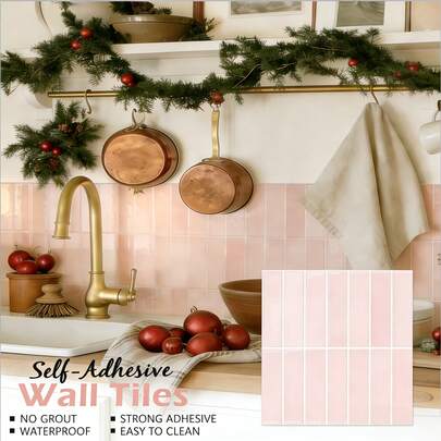 2D Carreaux muraux autoadhésifs plats non 3D de style zellige rose clair, convenant pour la salle de bain et la cuisine - 10/30 pièces (Taille : 12" * 12"), imperméables, résistants à l'huile et aux éclaboussures. Convient pour la décoration murale dans la cuisine, la salle de bain, la rénovation d'unités locatives, les toilettes et autres espaces intérieurs.
