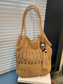 Women's Simple And Versatile, High-Quality, Large-Capacity Woven Tote Bag With Charm Embellishment, Perfect For Everyday Use And Vacations. - Khaki - View 1