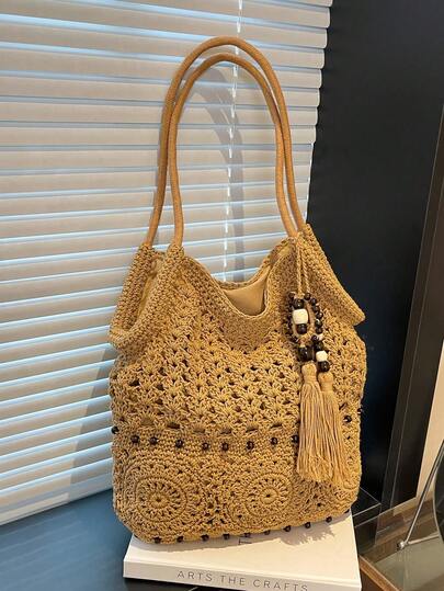 Women's Simple And Versatile, High-Quality, Large-Capacity Woven Tote Bag With Charm Embellishment, Perfect For Everyday Use And Vacations.