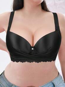Plus Size Lace Wide Strap Bra - Smooth Thin Padding, Bow Decor, Underwire Support, Lace Trim - Black - View 8