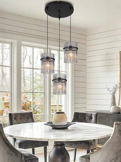 3-Light Adjustable Height Smoke Gray Crystal Glass Pendant Light, Modern Decorative Ambient Lighting Suitable For Home Decor, Kitchen Island, Dining Room And Living Room, E27 Lamp Base (Bulbs Not Included)