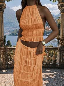 Chiffon Multi-Layer Ruffle Lace Trim Backless Camisole Maxi Dress Set, Romantic Elegant 2-Piece, Suitable For Christmas, Party, Gothic, Wedding And Other Occasions - Light Orange - View 10