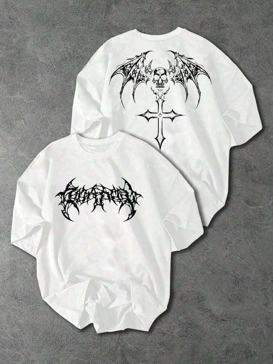 Sport MetroGents Men's Skull & Cross Print Black Round Neck Short Sleeve Sports T-Shirt Band Shirts Goth Shirt Cross Shirt Skull Shirt - 白色 - 查看 1