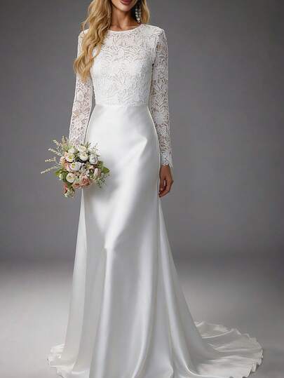 Women's Lace Wedding Dress, Long Sleeve High Neck Backless Floor-Length Elegant Evening Gown