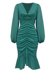 Đầm dự tiệc tay bồng bèo nhún màu trơn thanh lịch - màu xanh lá - Xem 3