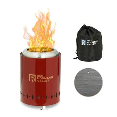 Smokeless Tabletop Fire Pit With, Portable Low Camping Stove, With Travel Bag And Fireproof, Stainless Steel Red, Outdoor Enthusiasts On-Site