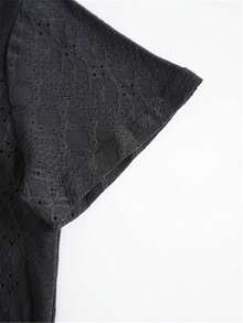 Square Neck Embroidered T-Shirt, Casual Short Sleeve Pleated Blouse, Spring Summer Women Clothing - Black - View 6