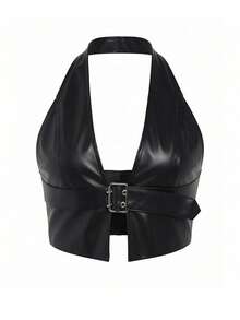 女士露背吊带皮衣，性感露脐短款上衣，PU皮革材质，春夏休闲黑色 - 黑色 - 查看 6