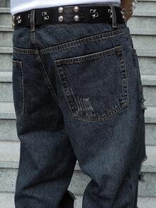 Men's Ripped Jeans Relaxed Fit Straight Leg Distressed Vintage Denim Pants Y2K Hip Hop Skater Streetwear Casual Trousers - 深色水洗藍 - 查看 8