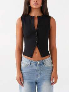 Women Y2k Button Down Tank Tops Casual Summer Ribbed Sleeveless Tees Shirts Basic Slim Fit Vest Shirts Aesthetic Crop Tops Streetwear - 黑色 - 查看 5