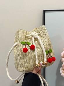 Túi đeo chéo vai họa tiết dâu tây thời trang mới, túi xách tay, túi công sở, túi xô dây rút, túi đeo vai họa tiết quả anh đào tối giản. - Màu Khaki - Xem 5