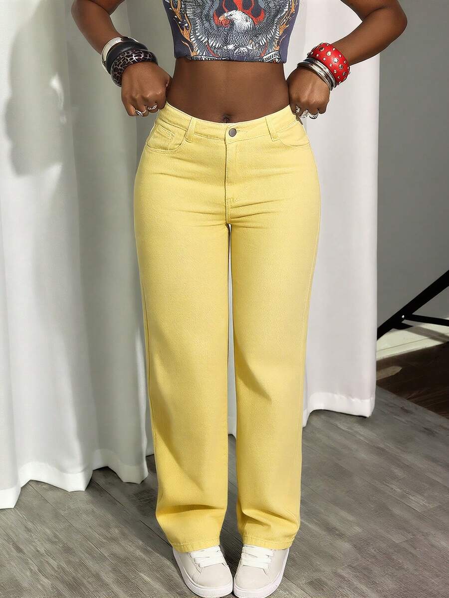 Quần jeans ống đứng thường ngày dành cho nữ - Màu vàng - Xem 1