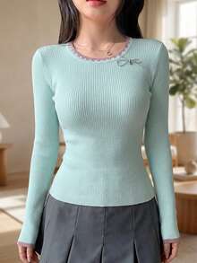 Spring/Summer New Contrast Color Round Neck Ribbed Knit Sweater Women, Long Sleeve Asymmetrical Hem Fitted Commuter Top - Baby Blue - View 4