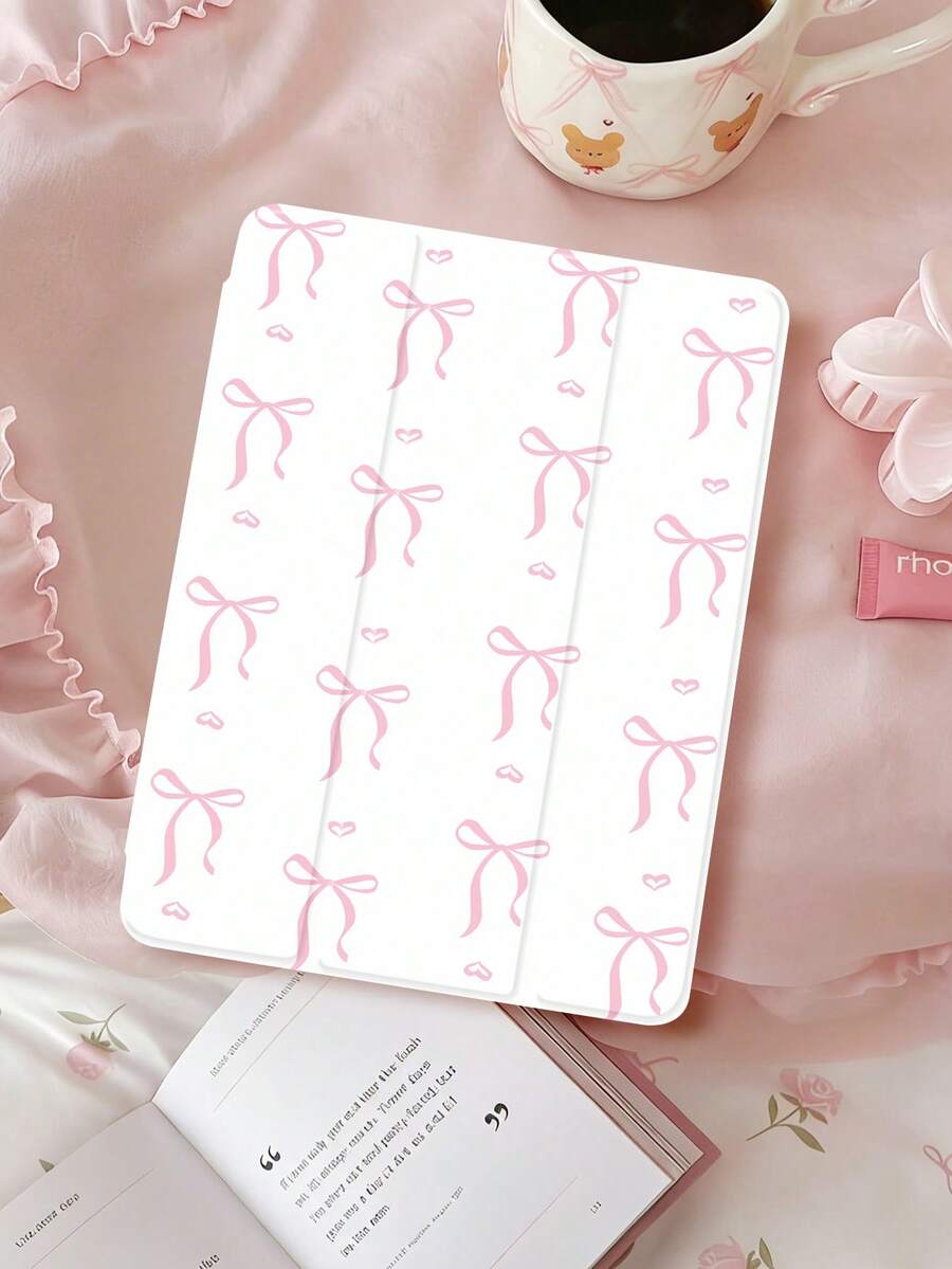 1个浅粉色蝴蝶结图案扁平保护套，兼容iPad 10.2英寸（2021/2020款）、iPad第10/9/8代、iPad（A16）11英寸（第11代，2025款）、三星Galaxy Tab A8 10.5英寸（2022款）/平板电脑保护套，带笔槽，支持自动休眠/唤醒功能。 - 彩色 - 查看 1