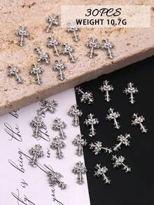 30 piezas de decoraciones de uñas en forma de cruz 3D - Accesorios de manicura de aleación de metal gótico con strass | Suministros de arte de uñas acrílicas encantadores para damas, dijes para uñas - Multicolor - Ver 5