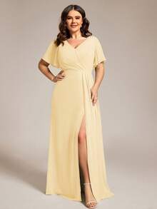 EVERPRETTY Plus Size Butterfly Sleeve V-Neck Ruched High Slit Yellow Bridesmaid Dress, Suitable For Weddings, Parties, Spring/Summer Wedding Guest Formal Attire, Mother Of The Bride/Groom Dress Party - Yellow - View 5