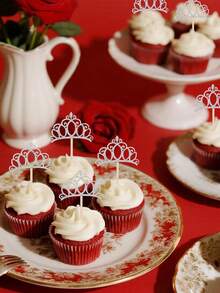 24/12个银色皇冠蛋糕装饰插牌，带闪光，适用于女王/公主主题蛋糕、婚礼、生日、性别揭晓派对蛋糕装饰 - 彩色 - 查看 3