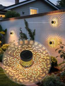 1个太阳能围栏灯,户外壁灯,镂空设计,LED太阳能灯,适用于花园、庭院、露台、楼梯照明,也可用于花园、草坪、露台、楼梯、生日派对装饰、庭院花园装饰、前门装饰、圣诞节和万圣节派对庭院装饰、斋月灯笼、斋月装饰 - TY-K223 - 查看 3