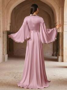 Elegante bata larga formal bordada en verde lima con corsé de cuentas y mangas acampanadas, vestido largo árabe, adecuado para mujeres, bata de fiesta, vestido de noche musulmán, bata formal, estilo modesto - Rosa vieja - Ver 2