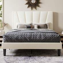 Allewie Full/Queen/King Size Bed Frame With Adjustable Velvet Upholstered Headboard, Rivet-Style Nailhead Trim Detail Platform Bed Frame, Wooden Slat Support, No Box Spring Needed, Easy Assembly, Cream White - Cream White - 查看 2