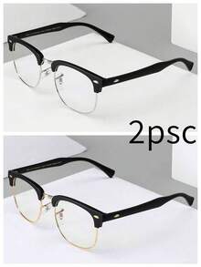 2pcs Semi-Rimless Men's Travel Mixed Metal Edge Glasses, Computer Gaming Metal Travel Frame, Retro College Style, Adjustable Nose Pads, 4 Rivet Decor, Black & Gold Transparent Frame, Neutral, Suitable For Live Streaming & Travel - Black Frame/gold Ring/white Lens+Black Frame/silver Ring/white Lens - View 1