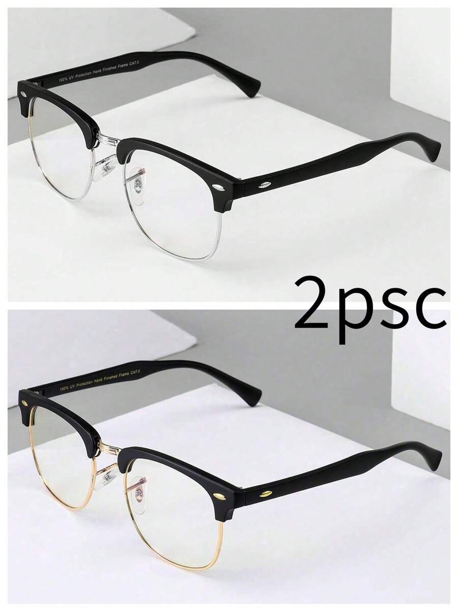 2pcs Semi-Rimless Men's Travel Mixed Metal Edge Glasses, Computer Gaming Metal Travel Frame, Retro College Style, Adjustable Nose Pads, 4 Rivet Decor, Black & Gold Transparent Frame, Neutral, Suitable For Live Streaming & Travel - Black Frame/gold Ring/white Lens+Black Frame/silver Ring/white Lens - View 1
