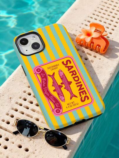 1 pieza Estuche duro de teléfono con cobertura completa, con lema de sardina retro personalizado, acabado brillante, compatible con iPhone 11/12/13/14/15/16/17 Pro Max