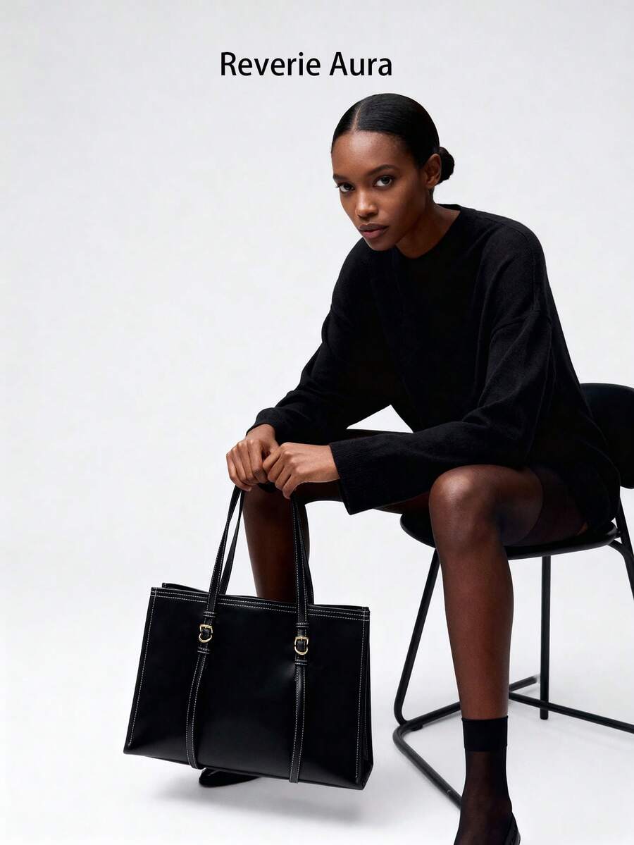 新款秋季女士深棕色和黄色迷你手提包，休闲单肩斜挎包 - 黑色 - 查看 1