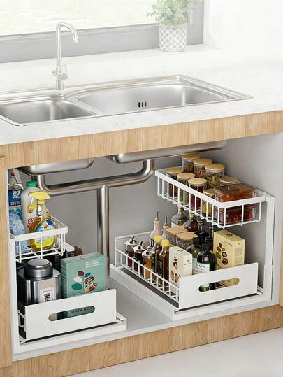 Under Sink Organizer – 2-Tier Pull-Out Kitchen Storage Shelf, Multifunctional Countertop Spice Rack For Cabinet & Under Sink, Space-Saving Layered Organizer