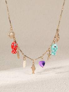 1pc Fashionable Bohemian Beach Holiday Fish, Starfish & Shell Pendant Necklace, Suitable For Daily, Holiday, Party Wear - Multicolor - View 2