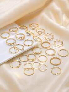 28pcs Heart Shaped Geometric Boho Style Rhinestone Accent Minimalist Wave Knuckle Rings, Suitable For Women's Daily Wear, Dates, Parties, Valentine's Day, Anniversary, Gifts For Girlfriends, Friends, Parties, Street Style (Includes Size Chart, Do Not Forcefully Bend, Purchase Carefully) - 金色 - 查看 2