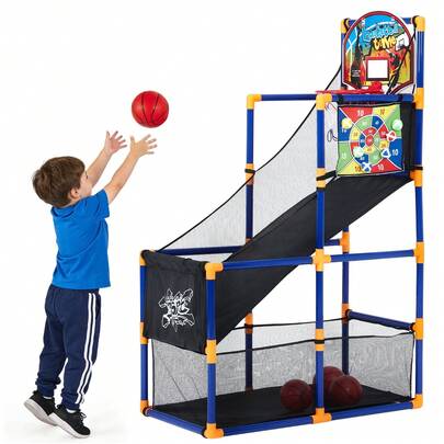 Juego de Baloncesto y Dardos 2 en 1 para Niños – Canasta Ajustable con Rampa de Retorno, 4 Balones y 6 Pelotas Pegajosas – Juguete Deportivo para Interior y Exterior
