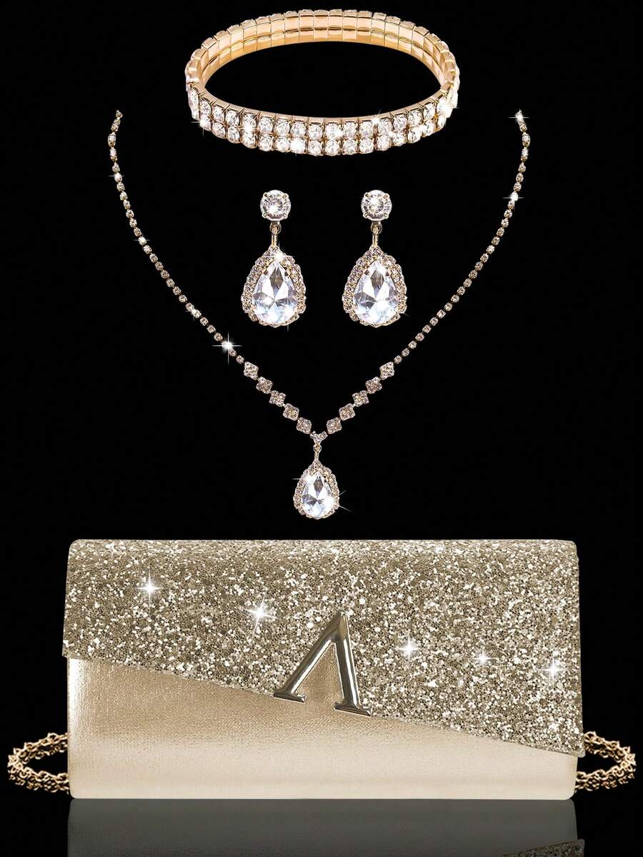 闪亮奢华女士亮片手拿晚宴包，V形金属翻盖包，信封包时尚派对包，女士舞会手提包，女士新娘晚宴包，舞会手提包，闪耀奢华钻石首饰套装，闪亮项链、耳环和手链套装，适合搭配闪亮晚礼服、婚纱和派对礼服 - 金色 - 查看 1