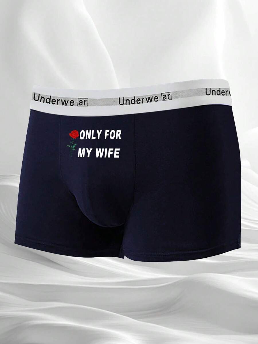 Men's Black Briefs With Letter & Rose Flower Print, Elastic Comfortable Everyday Underwear - Blue - View 1